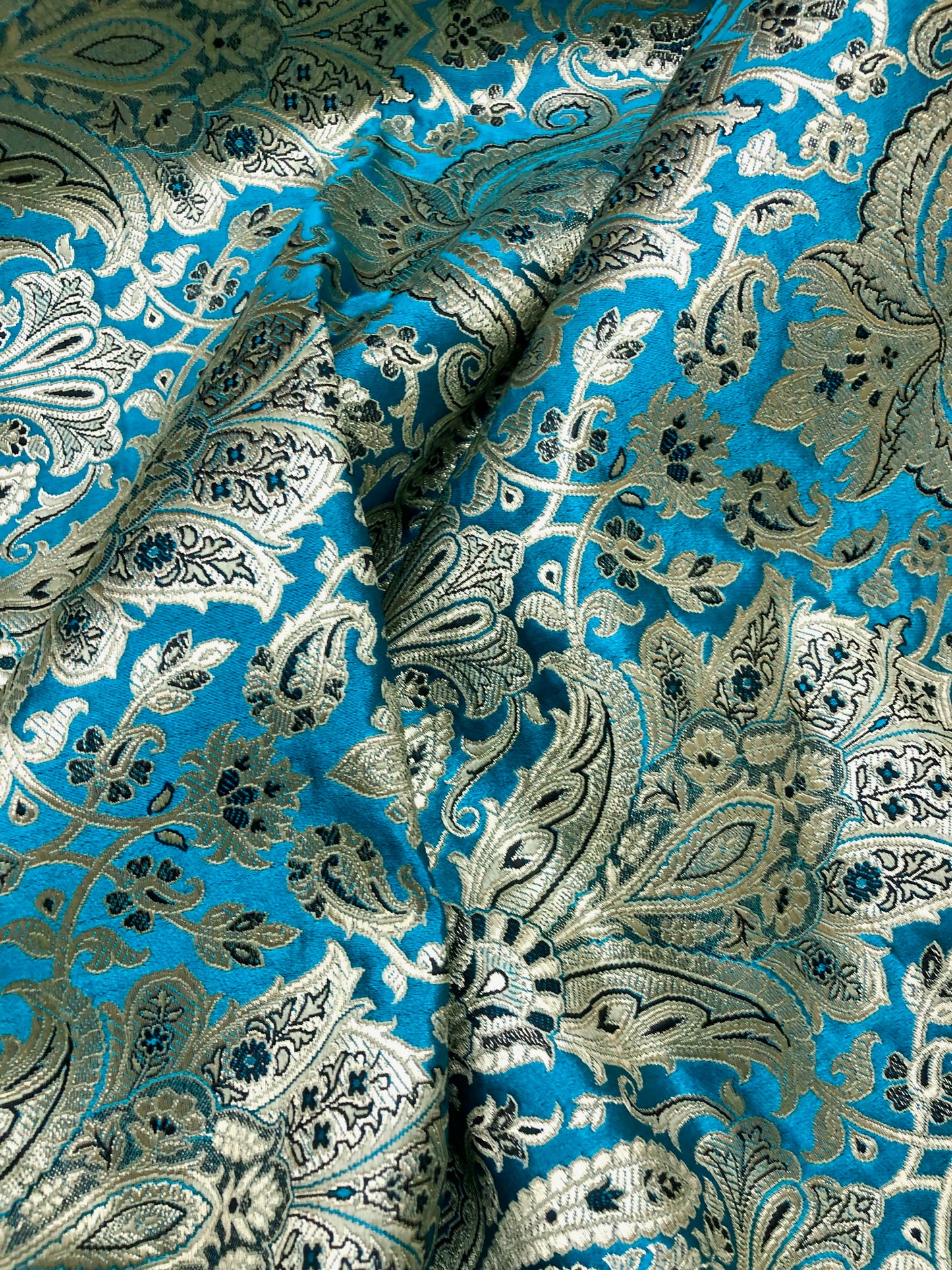 Indian Brocade fabric Jacquard damask fabric Blue Gold fabric Wedding bridal fabric Luxury dress fabric Upholstery fabric by the yard NFAF111