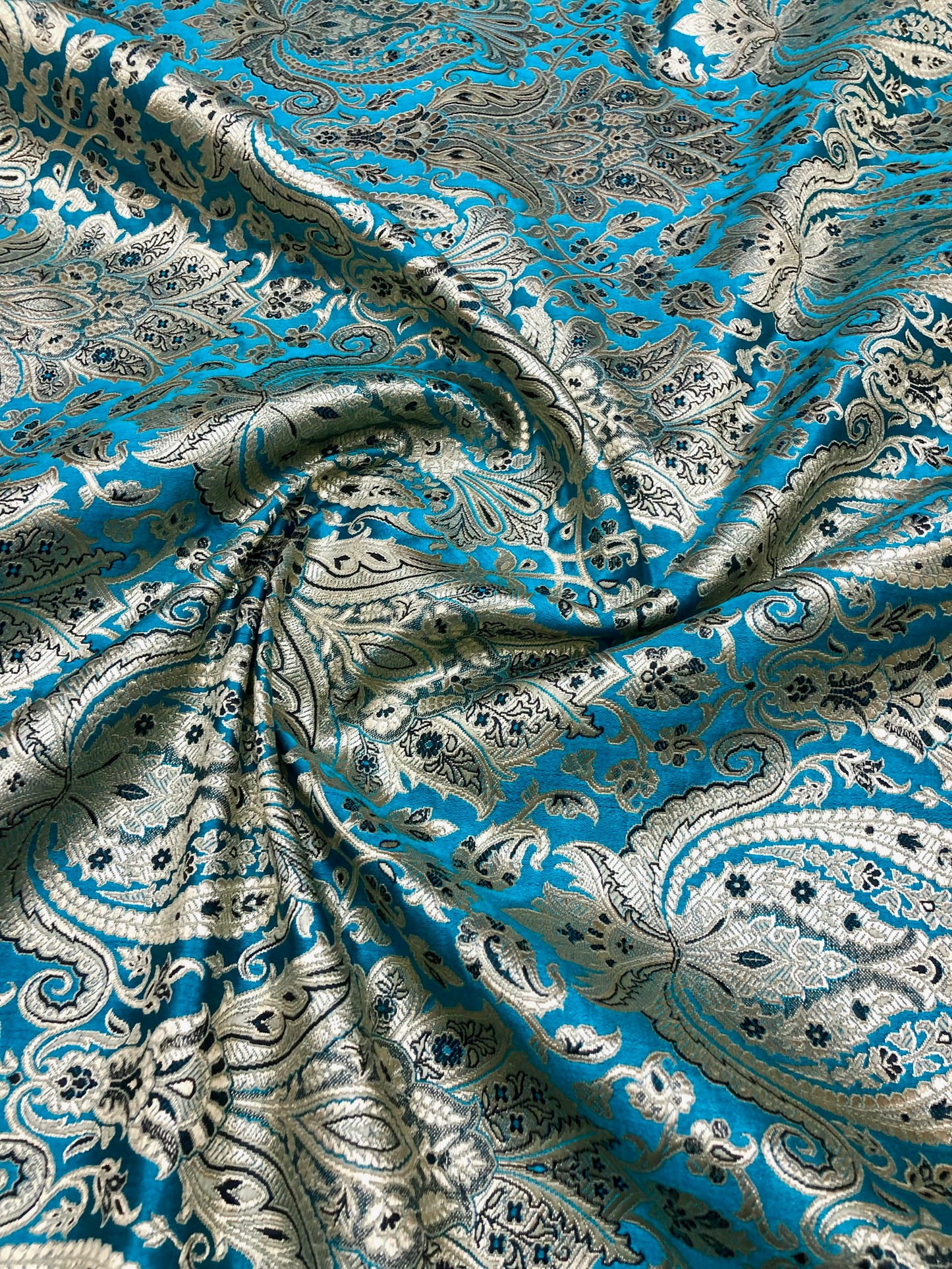 Indian Brocade fabric Jacquard damask fabric Blue Gold fabric Wedding bridal fabric Luxury dress fabric Upholstery fabric by the yard NFAF111