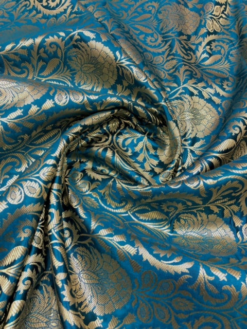 Brocade fabric Teal Gold Jacquard Damask Rayon Silk brocade Fabric Wedding Bridal High Grade Designer fabric by the yard Material