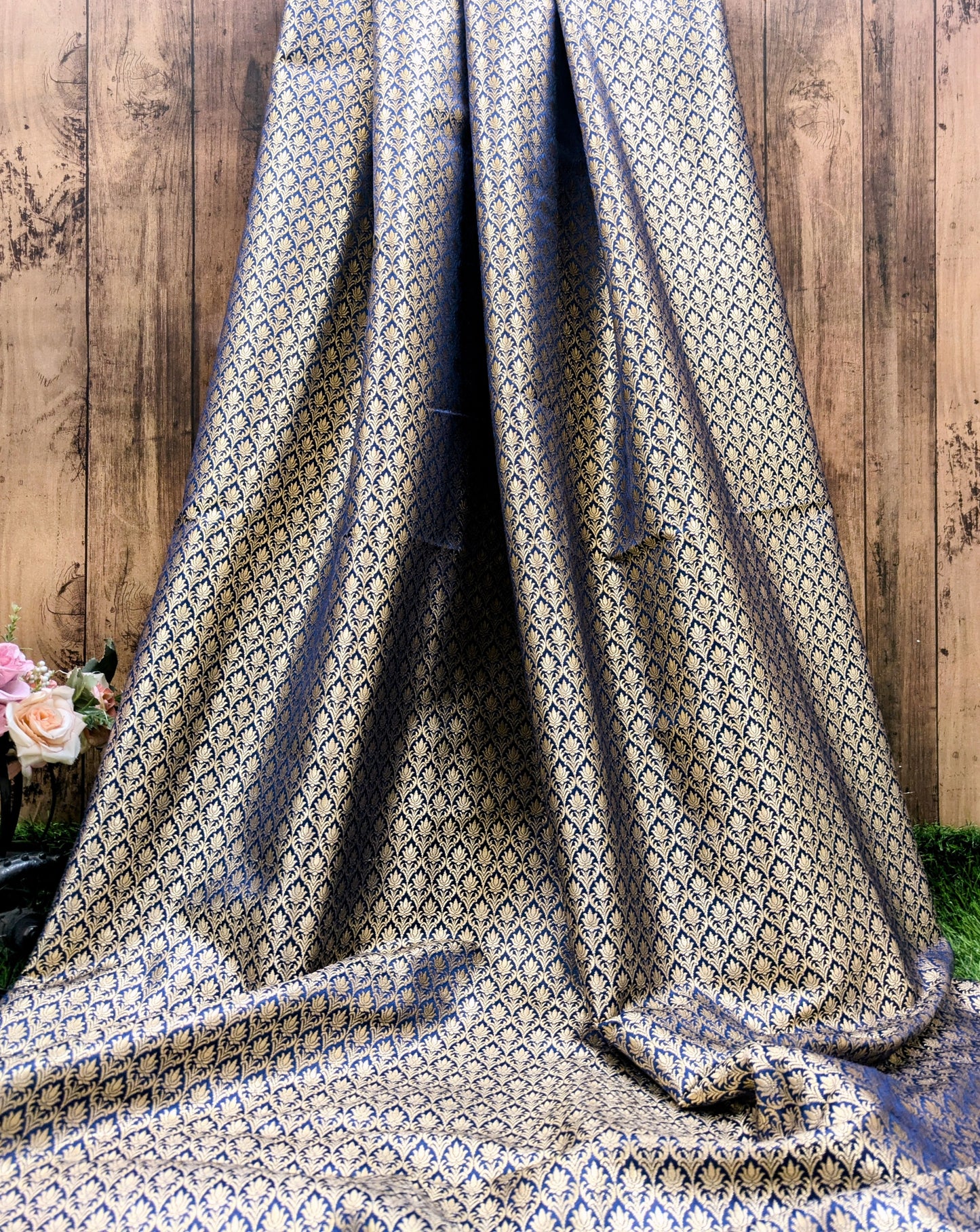 Brocade fabric Blue Gold Jacquard Damask Rayon Silk brocade Fabric Wedding Bridal High Grade Designer fabric by the yard Material NFAF89