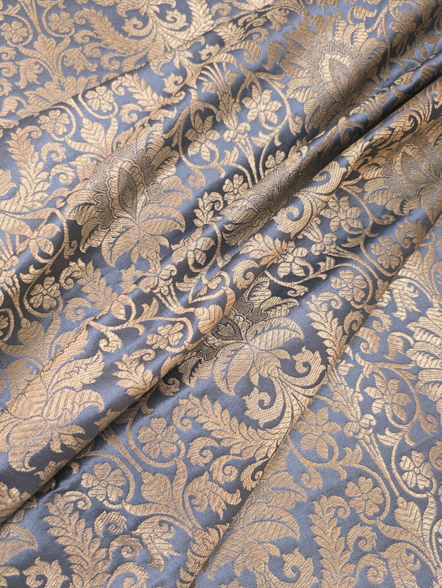 Grey and gold damask jacquard brocade fabric, Flower brocade, Rayon silk brocade, Historical fabric, Metallic brocade - NFAF74