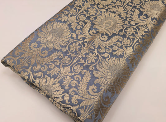 Grey and gold damask jacquard brocade fabric, Flower brocade, Rayon silk brocade, Historical fabric, Metallic brocade - NFAF74