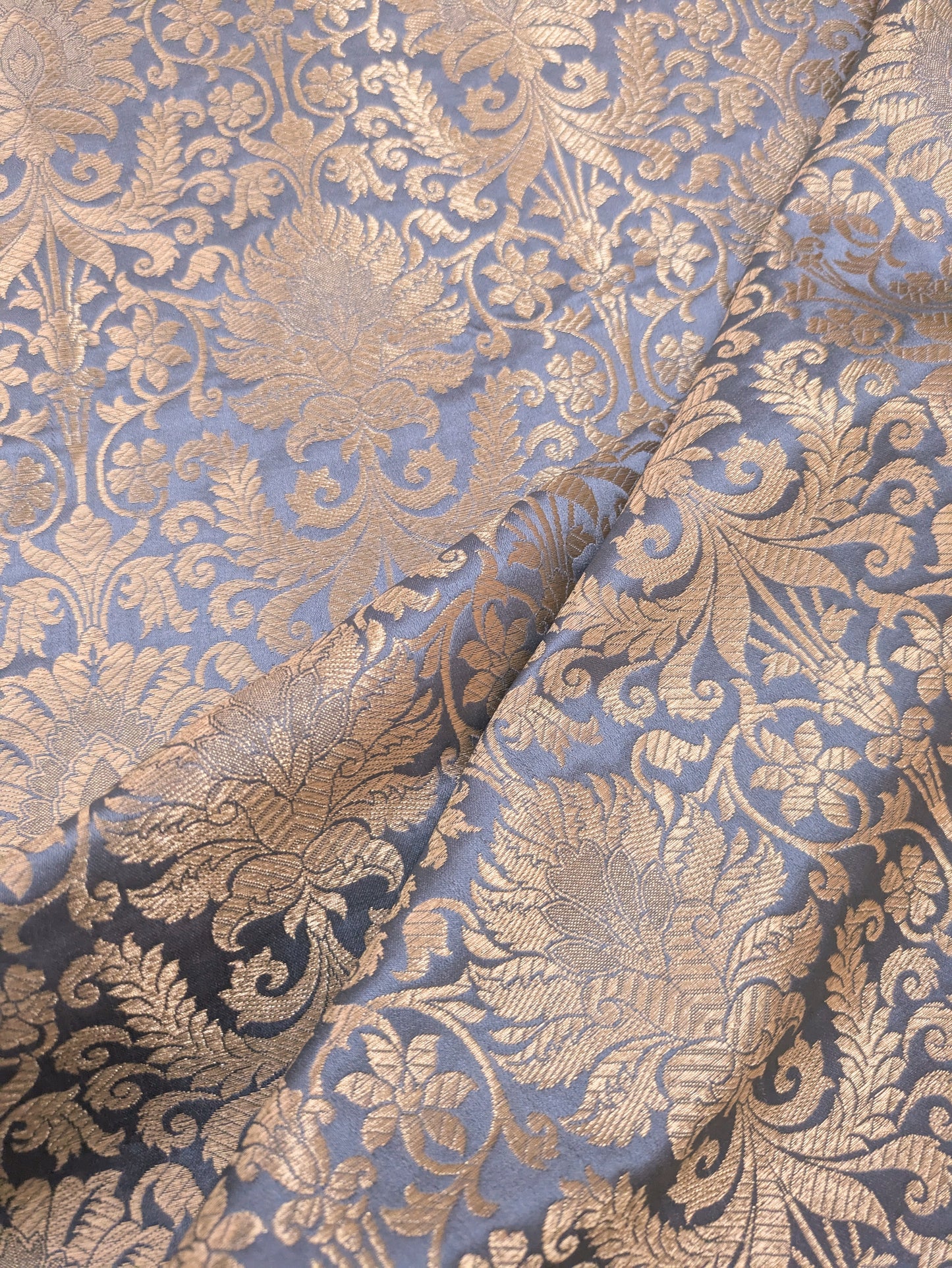 Grey and gold damask jacquard brocade fabric, Flower brocade, Rayon silk brocade, Historical fabric, Metallic brocade - NFAF74