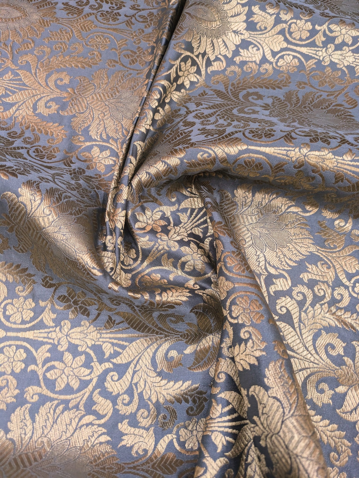 Grey and gold damask jacquard brocade fabric, Flower brocade, Rayon silk brocade, Historical fabric, Metallic brocade - NFAF74