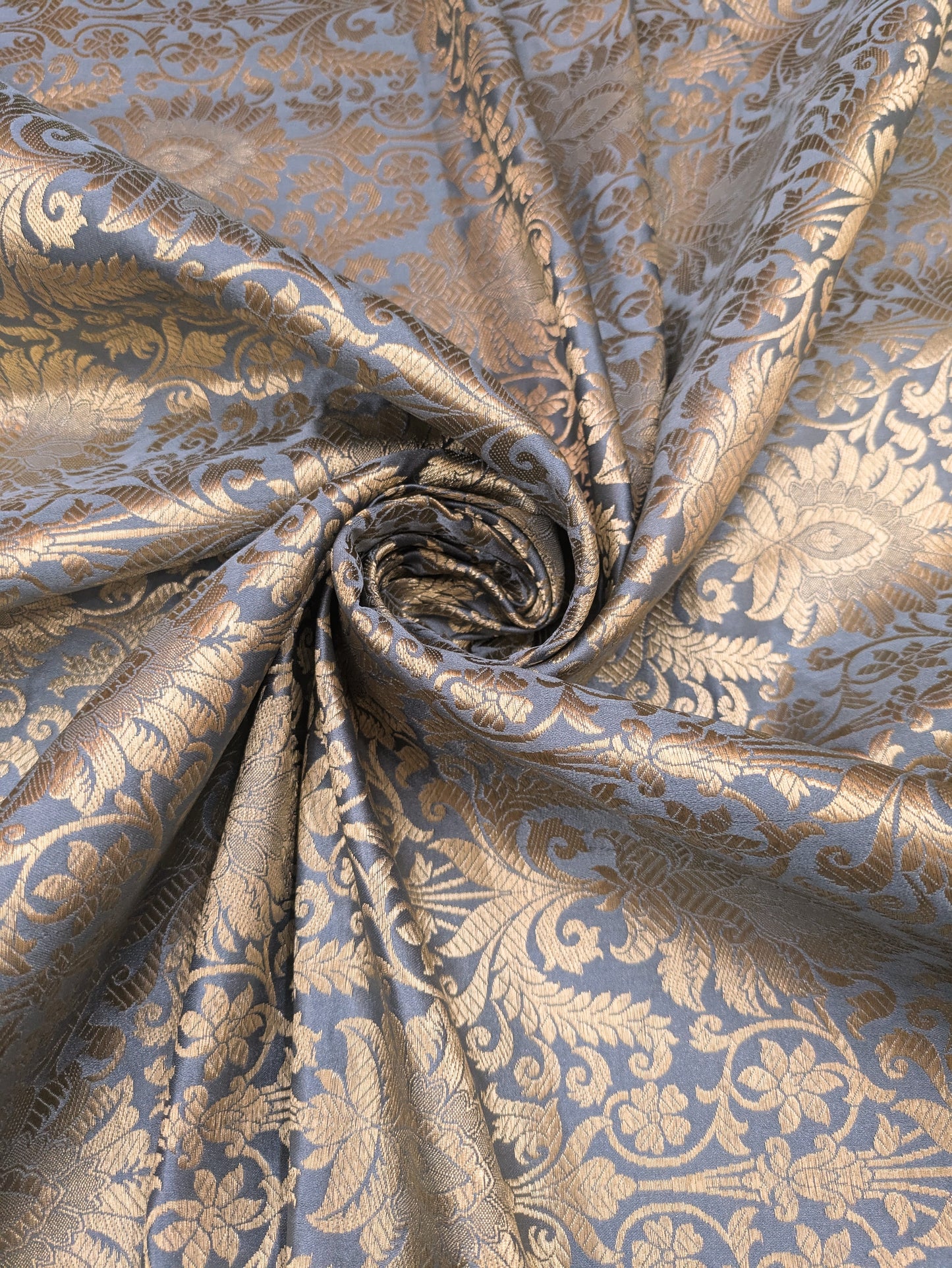 Grey and gold damask jacquard brocade fabric, Flower brocade, Rayon silk brocade, Historical fabric, Metallic brocade - NFAF74