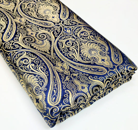 Brocade fabric by the yard Jacquard damask Navy Blue Gold Brocade fabric Wedding dress Bridal Brocade Fabric Luxury Decor Upholstery brocade NFAF56