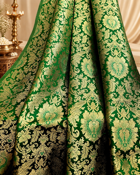 Green Gold Brocade fabric Jacquard damask fabric Wedding bridal Dress Lehenga fabric Upholsery Home Decor Fabric by the yard