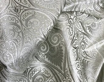 Indian Banarasi Brocade fabric in White and Silver color,  Multiple lengths will come in a continuous piece - NF1090