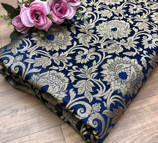 Banarasi brocade fabric, Navy Blue and Gold, Wedding dress, Rayon silk brocade, Renaissance fabric, Fashion fabric, Vintage textile, Flower brocade - NFAF112