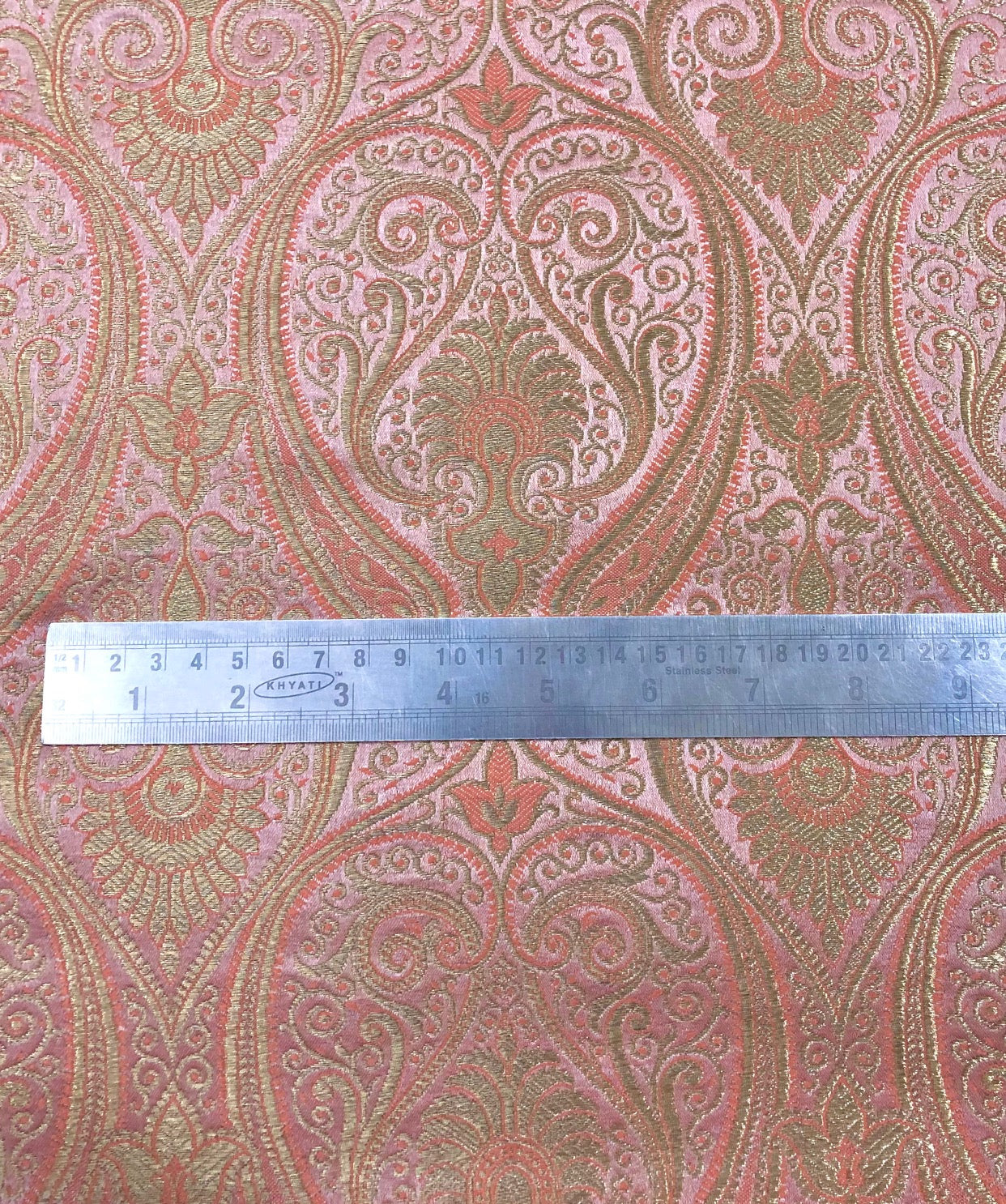 Banarasi Brocade fabric, Coral and Gold color Jacquard fabric, Paisley brocade, Wedding fabric, Gothic fabric, Gold fabric, Party fabric - NFAF2003