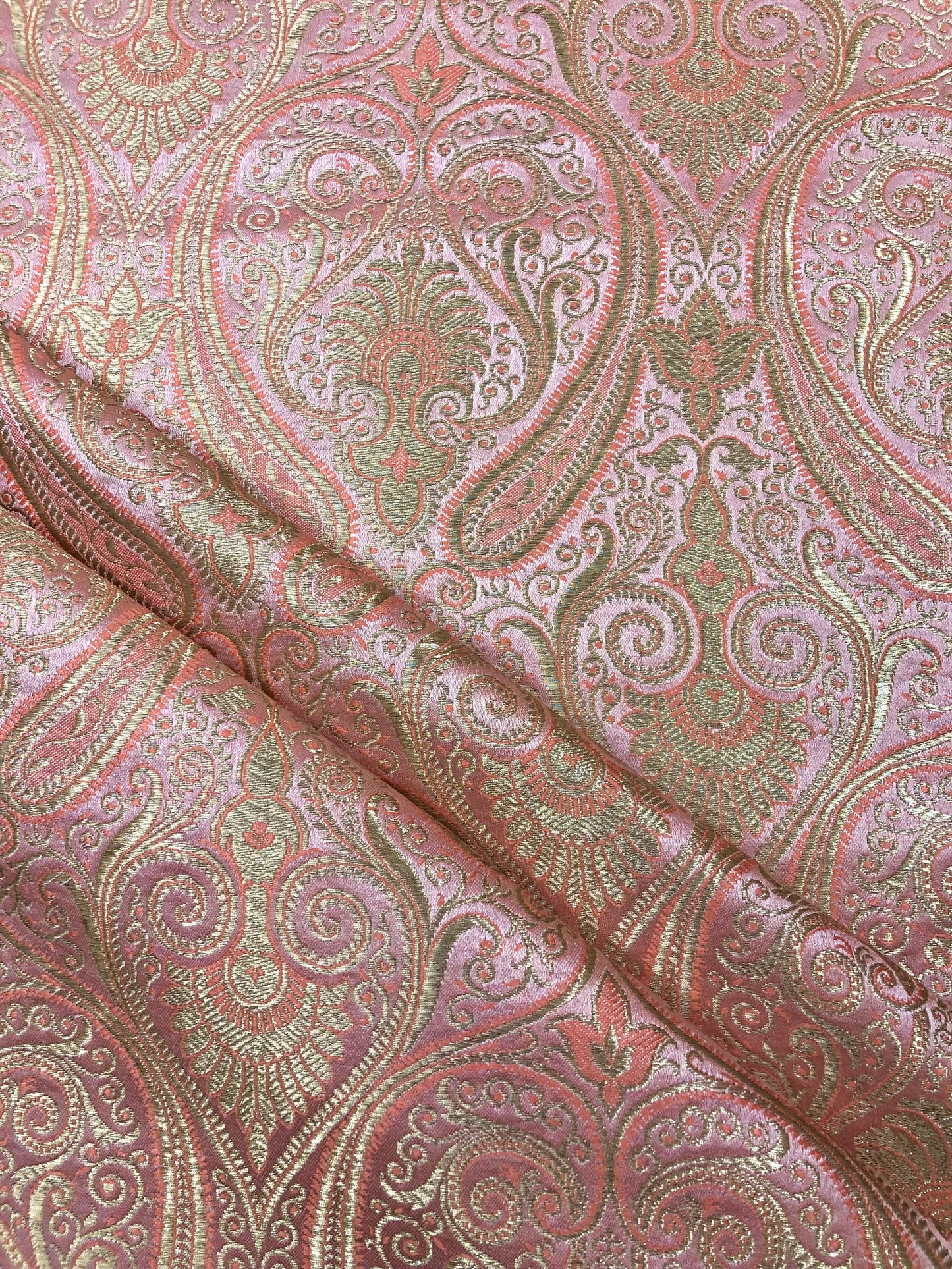 Banarasi Brocade fabric, Coral and Gold color Jacquard fabric, Paisley brocade, Wedding fabric, Gothic fabric, Gold fabric, Party fabric - NFAF2003