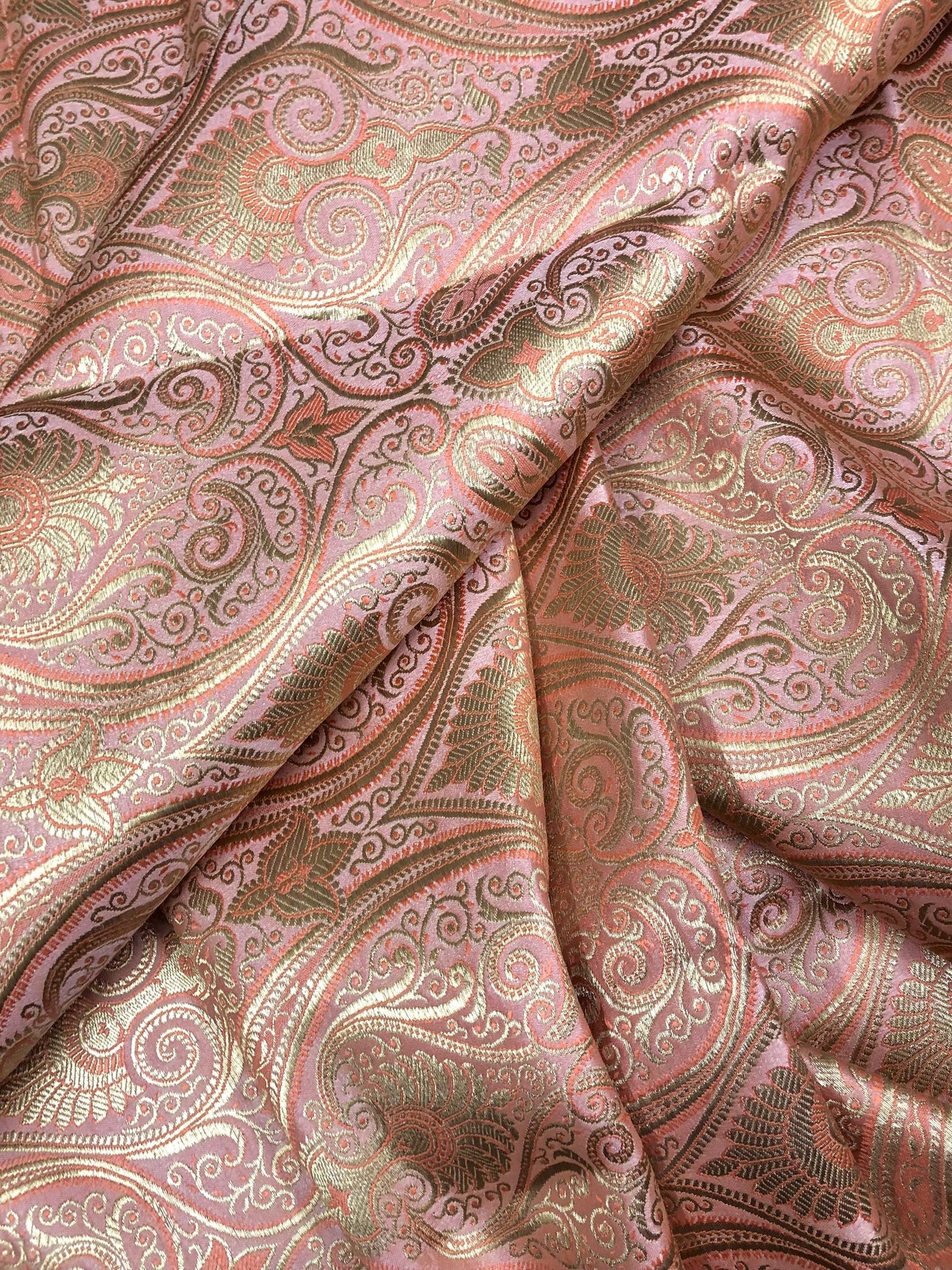 Banarasi Brocade fabric, Coral and Gold color Jacquard fabric, Paisley brocade, Wedding fabric, Gothic fabric, Gold fabric, Party fabric - NFAF2003