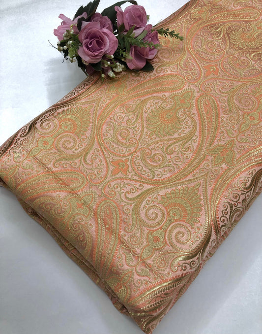 Banarasi Brocade fabric, Coral and Gold color Jacquard fabric, Paisley brocade, Wedding fabric, Gothic fabric, Gold fabric, Party fabric - NFAF2003