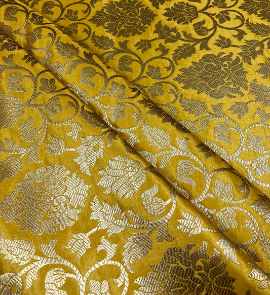 Banarasi brocade fabric, Yellow Gold Wedding fabric, Home décor fabric, Jacquard fabric, Floral brocade, Fabric by the yard/meter - NFAF305