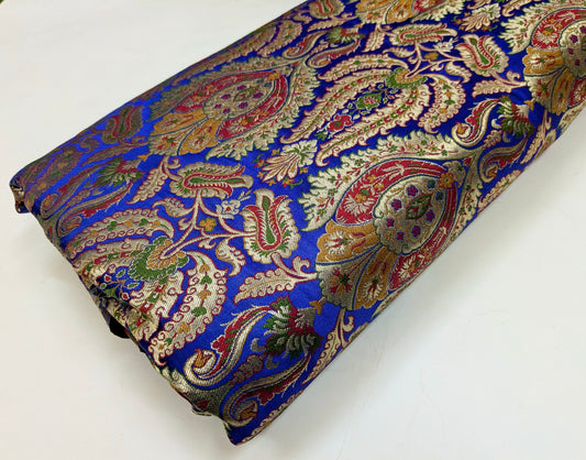 Indian Brocade fabric by the yard/meter Jacquard damask fabric Blue Gold floral brocade Wedding bridal fabric Silk brocade dress -NFAF352