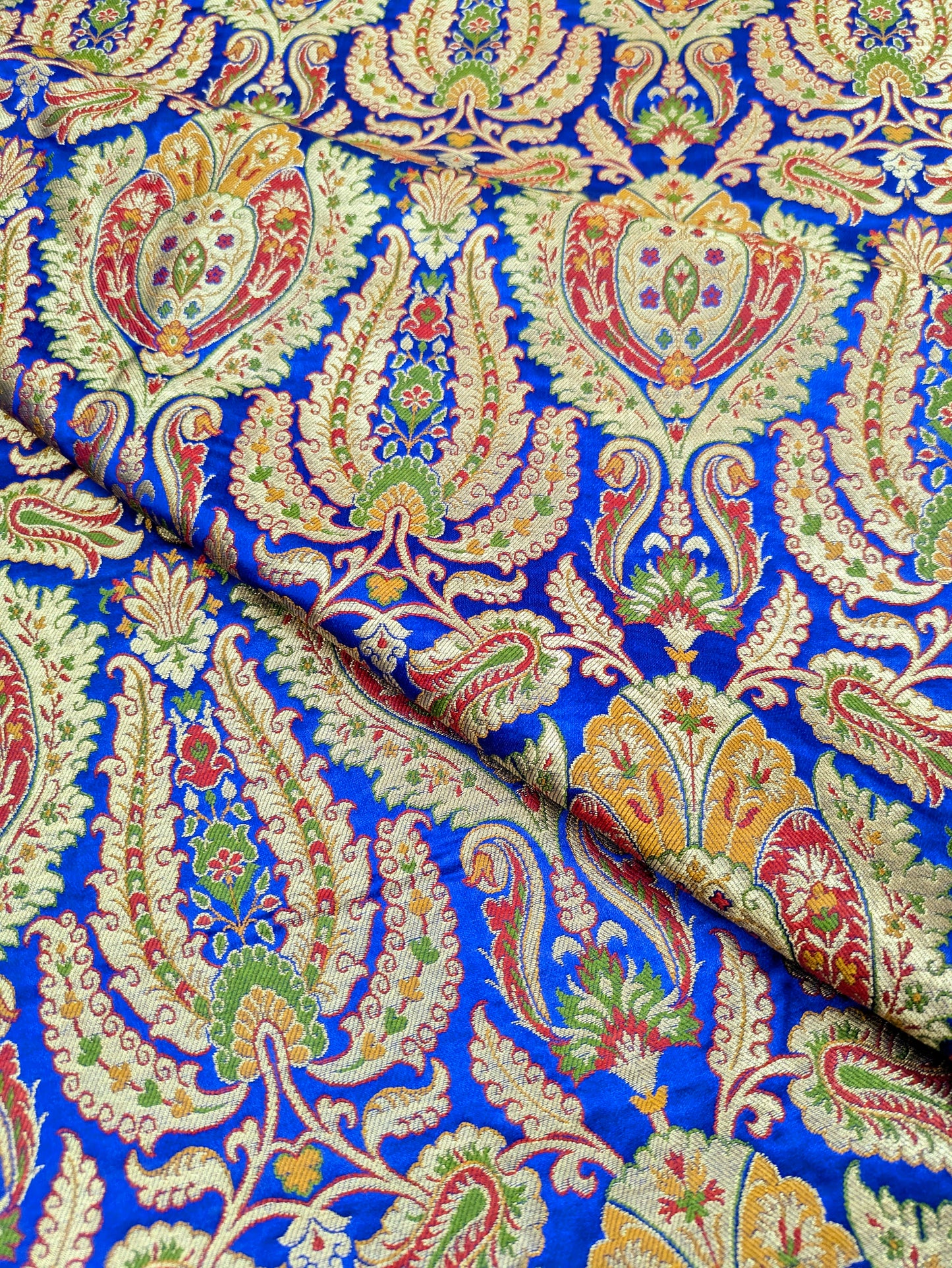 Indian Brocade fabric by the yard/meter Jacquard damask fabric Blue Gold floral brocade Wedding bridal fabric Silk brocade dress -NFAF352