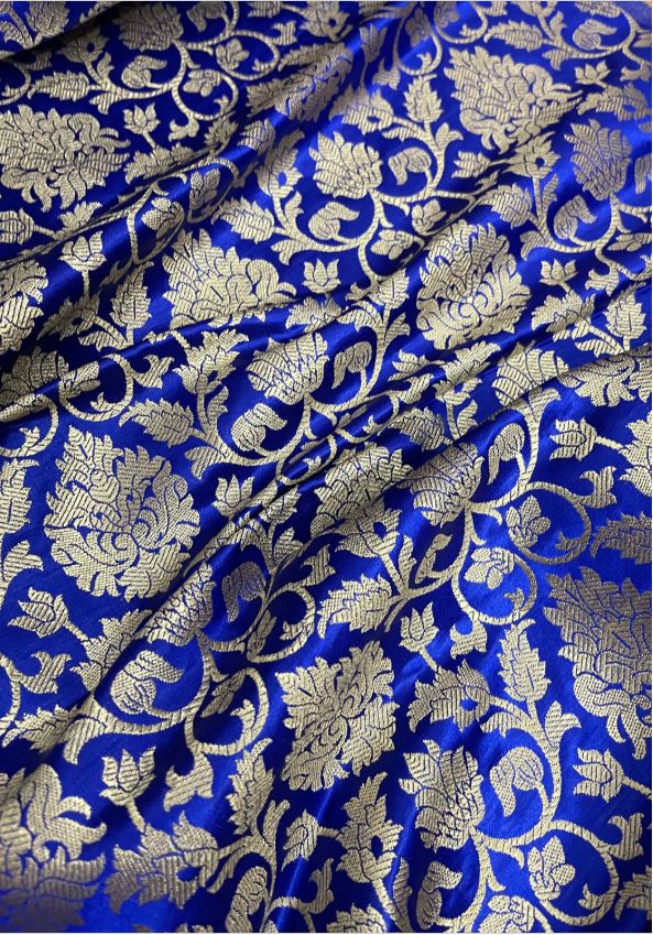 Banarasi Brocade Fabric, Blue gold rayon silk brocade fabric, Wedding fabric, Gothic fabric, Theatre costume, Fashion fabric - NFAF364