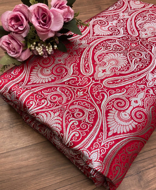 Banarasi brocade fabric Red Silver Paisley brocade Wedding Dress Rayon Silk Brocade Home décor fabric Lace brocade by the yard - NFAF399