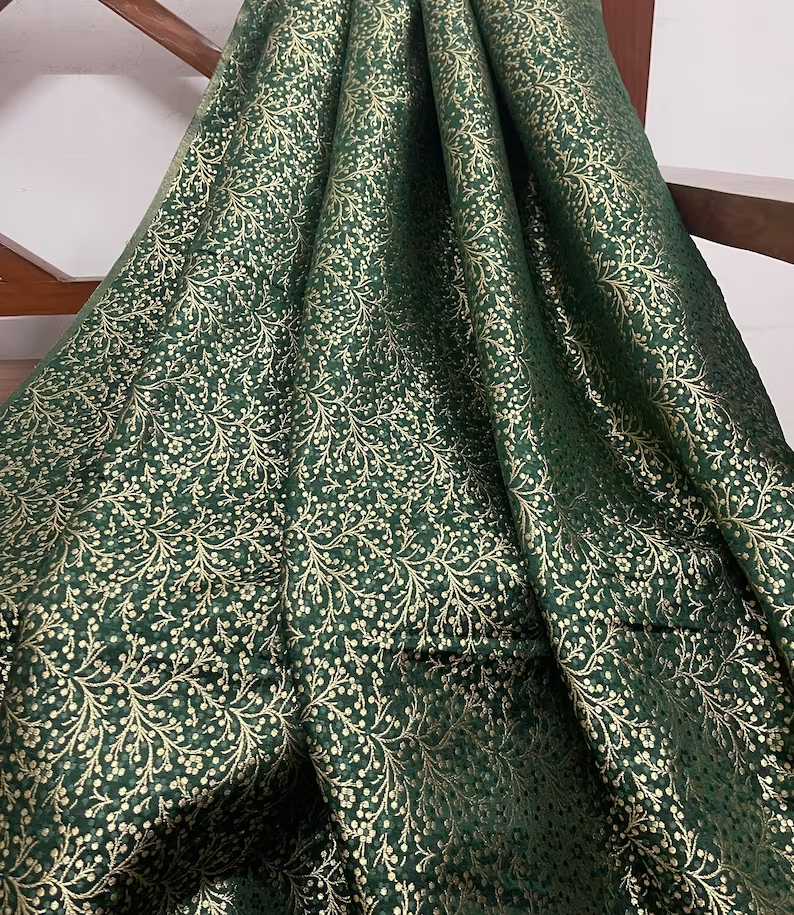 Indian Banarasi Brocade fabric in Green and Gold Fabric,  Multiple lengths will come in the continuous piece - NF444