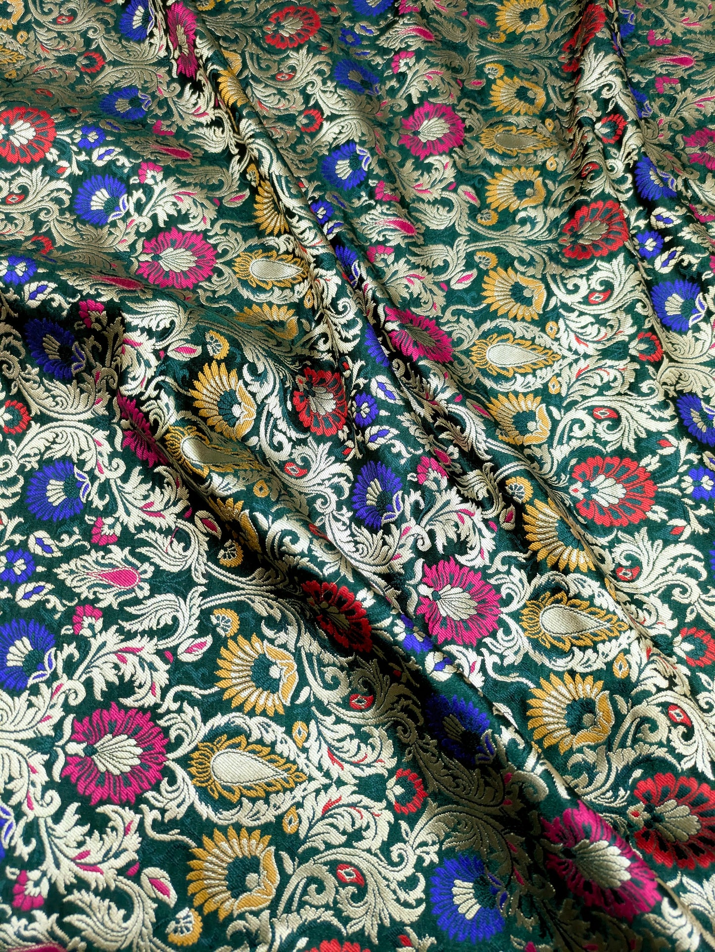 Banarasi Brocade Fabric Green Gold Damask jacquard brocade fabric Hautecouture Wedding Bridal Dress Renaissance brokat fabric by the yard NFAF478