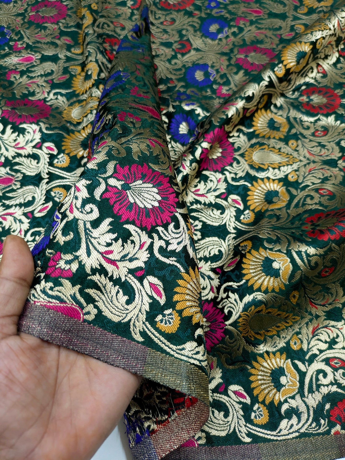 Banarasi Brocade Fabric Green Gold Damask jacquard brocade fabric Hautecouture Wedding Bridal Dress Renaissance brokat fabric by the yard NFAF478