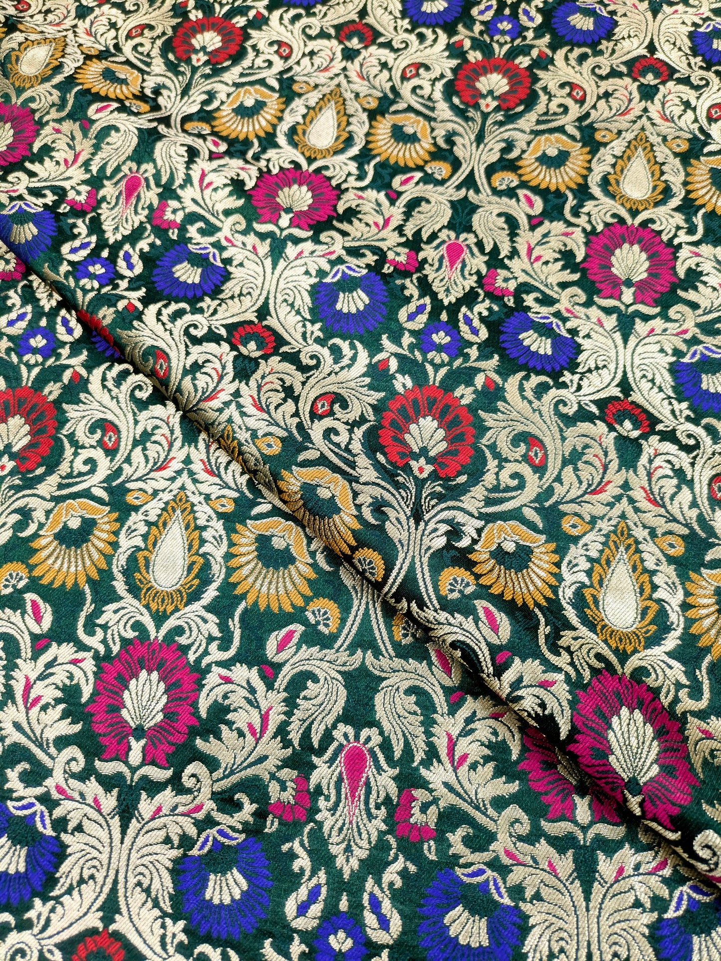 Banarasi Brocade Fabric Green Gold Damask jacquard brocade fabric Hautecouture Wedding Bridal Dress Renaissance brokat fabric by the yard NFAF478