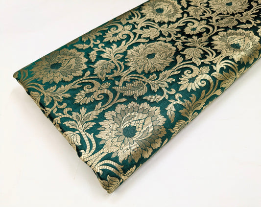 Banarasi Brocade Fabric, Green and Gold Wedding dress fabric, Rayon silk brocade, Renaissance fabric, Lace brocade, Vintage textile - NFAF542