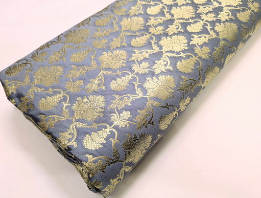 Brocade Fabric, Gray Gold Damask Jacquard Brocade Fabric Upholstery Indian Dress Festival Wear Brocade Fabric by the yard/meter - NFAF547