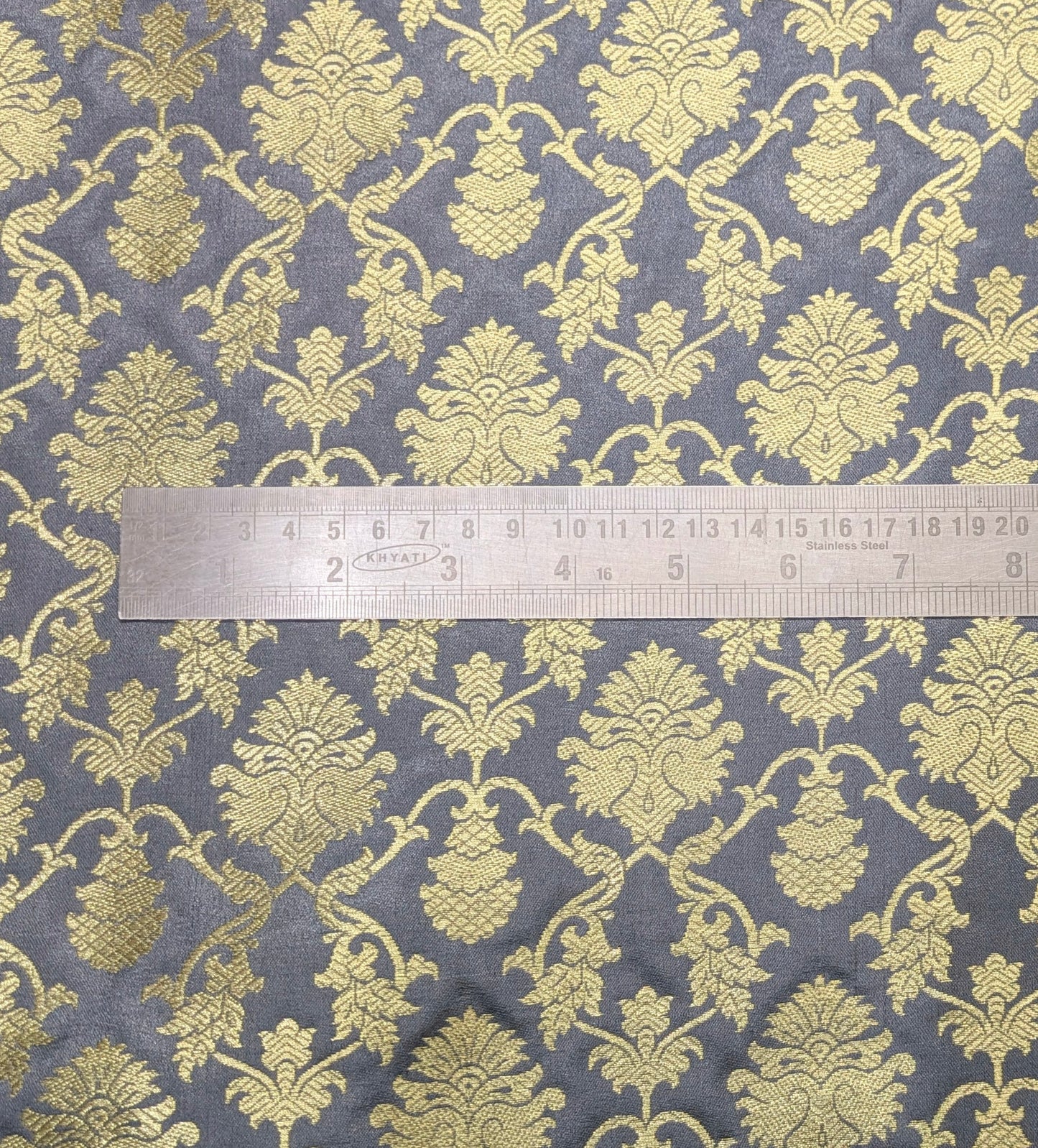 Brocade Fabric, Gray Gold Damask Jacquard Brocade Fabric Upholstery Indian Dress Festival Wear Brocade Fabric by the yard/meter - NFAF547