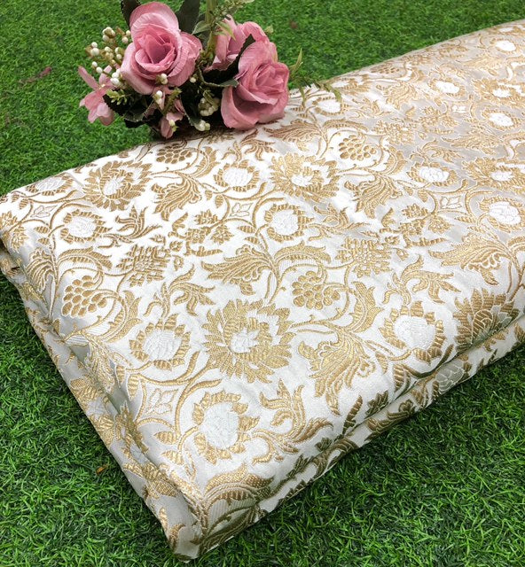 Brocade fabric Jacquard Damask fabric White Gold Wedding Bridal Dress fabric Headband brocade Satin Silk brocade by the yard