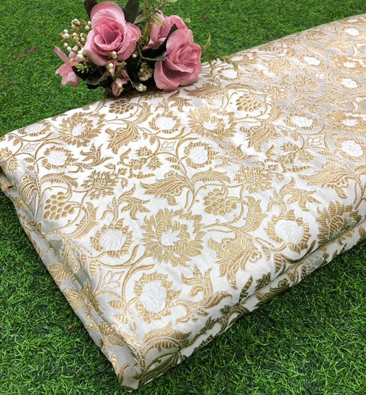 Brocade fabric Jacquard Damask fabric White Gold Wedding Bridal Dress fabric Headband brocade Satin Silk brocade by the yard