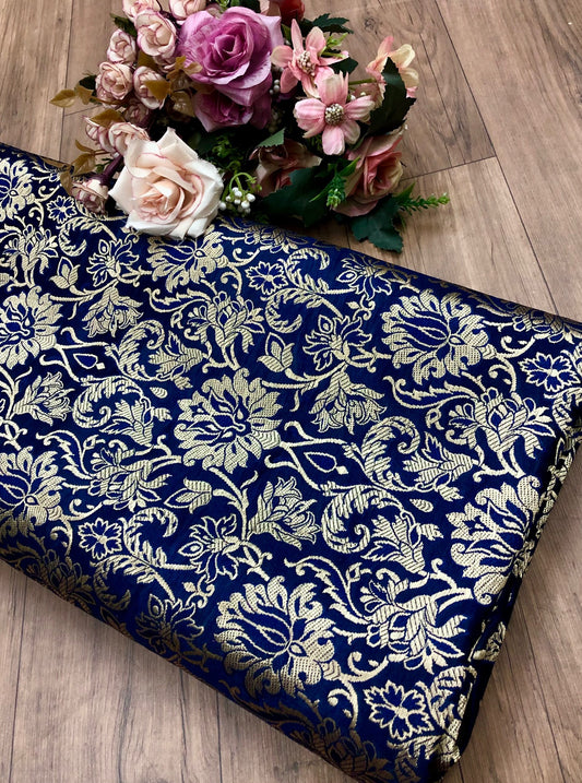 India banarasi brocade fabric, Navy blue gold wedding fabric, Jacquard fabric, Home decor fabric, Vintage textile, Fashion fabric, Historical fabric - NFAF693