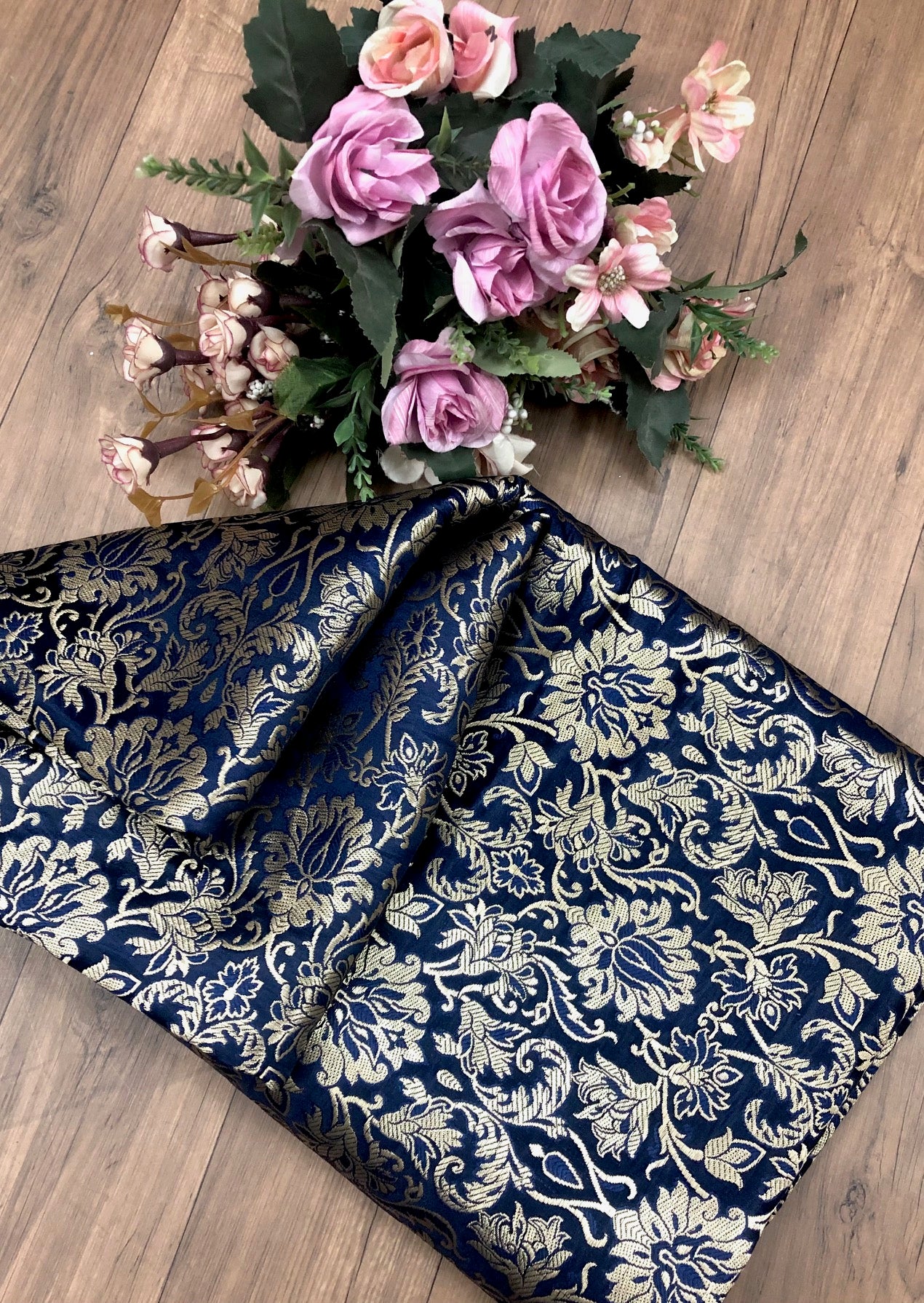 India banarasi brocade fabric, Navy blue gold wedding fabric, Jacquard fabric, Home decor fabric, Vintage textile, Fashion fabric, Historical fabric - NFAF693