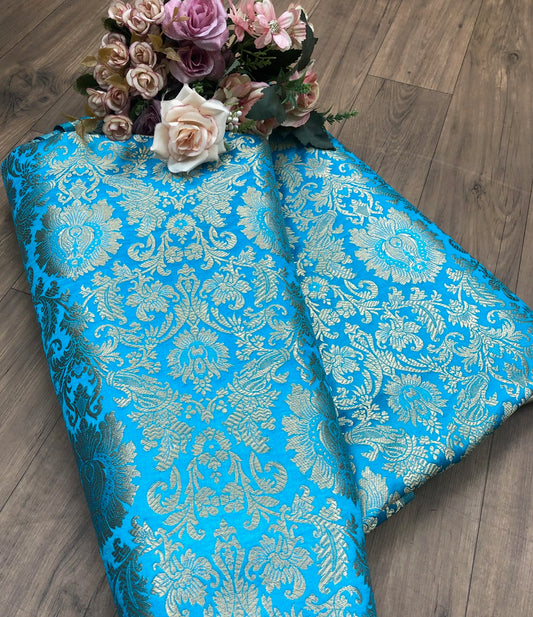 Banarasi Brocade fabric, Blue gold Jacquard fabric, Floral brocade, Wedding inspiration, Historical fabric, Renaissance fabric, Fashion fabric - NFAF803