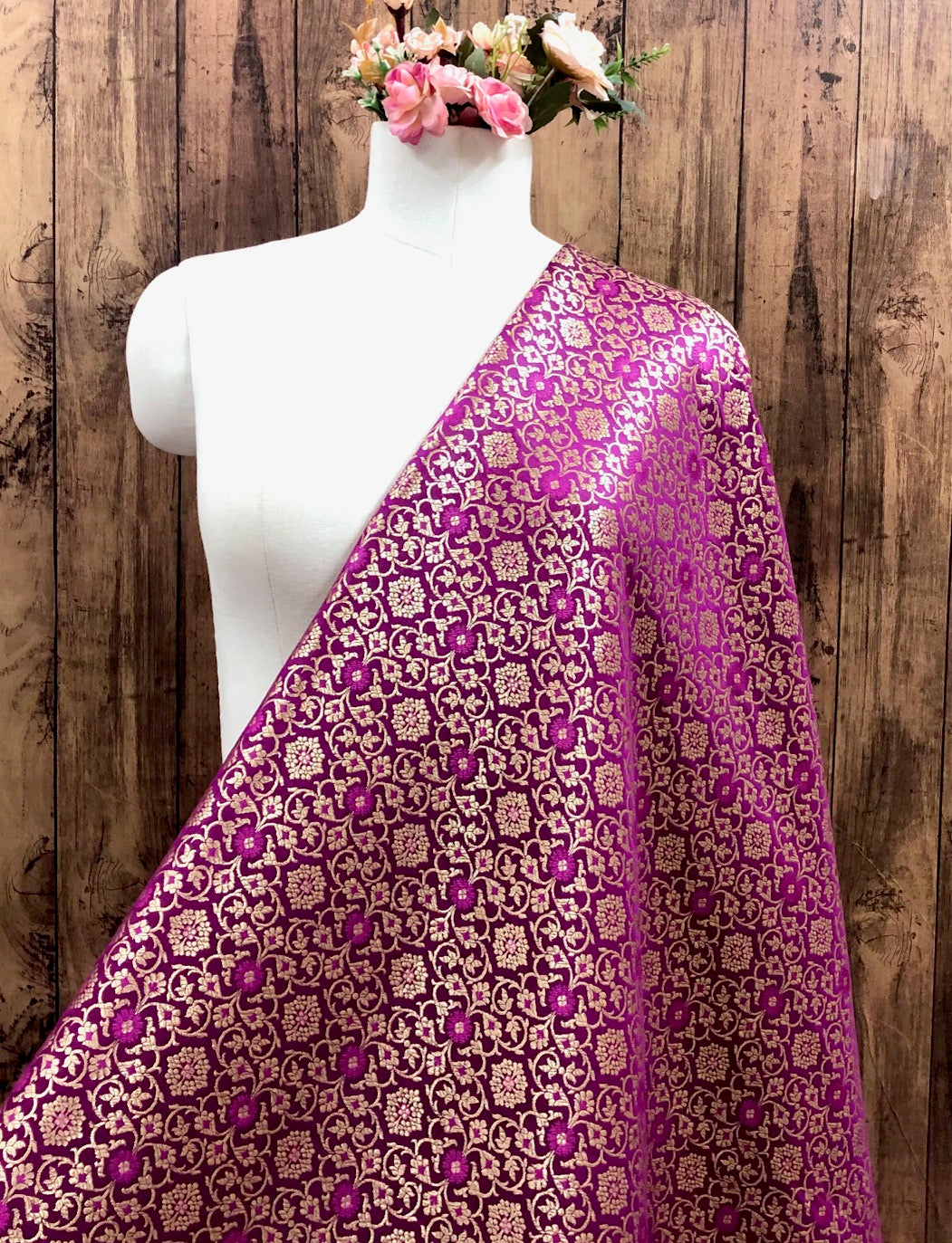 Banarasi Brocade Fabric, Magenta Pink gold rayon silk brocade fabric, Wedding fabric, Gold fabric, Party fabric, Designer fabric, Lace brocade - NFAF888