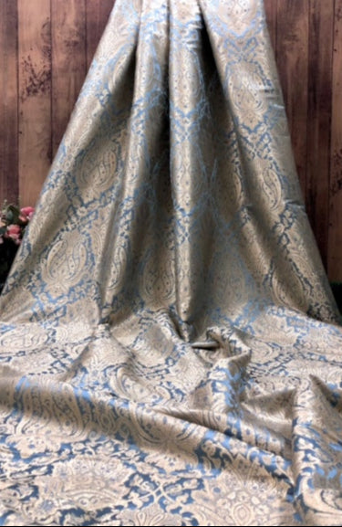 Indian Brocade fabric Jacquard damask fabric Gray Gold fabric Wedding bridal fabric Luxury dress fabric Upholstery fabric by the yard