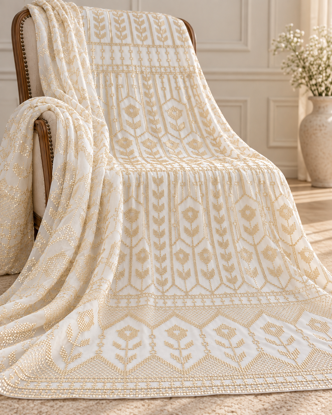 Off-White embroidered fabric, Wedding dress, Royal fabric, Luxury fabric, Fashion fabric, Fabric store, Embroidery art, Indian fabric - NFAF945