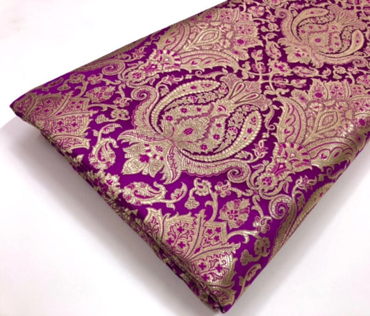 Indian Brocade fabric Jacquard damask fabric Purple Gold fabric Wedding bridal fabric Luxury dress fabric Upholstery fabric by the yard NFAF135