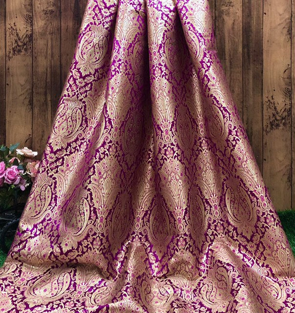 Indian Brocade fabric Jacquard damask fabric Purple Gold fabric Wedding bridal fabric Luxury dress fabric Upholstery fabric by the yard NFAF135
