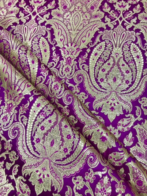 Indian Brocade fabric Jacquard damask fabric Purple Gold fabric Wedding bridal fabric Luxury dress fabric Upholstery fabric by the yard NFAF135