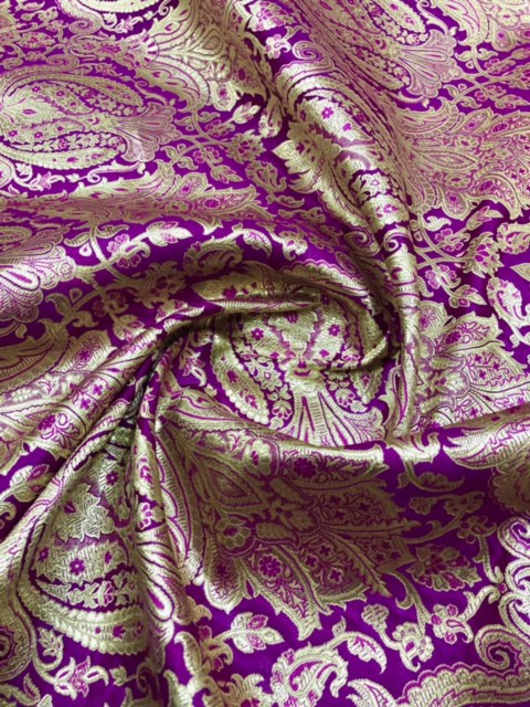 Indian Brocade fabric Jacquard damask fabric Purple Gold fabric Wedding bridal fabric Luxury dress fabric Upholstery fabric by the yard NFAF135