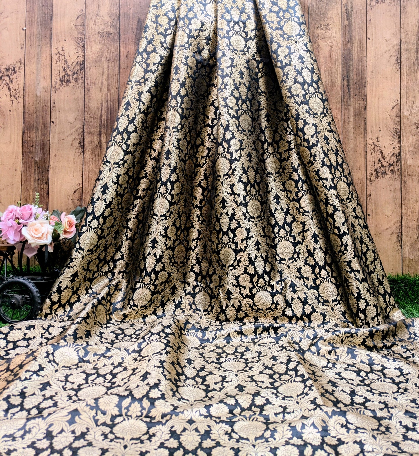 Indian Brocade fabric Jacquard damask fabric Black Gold fabric Wedding bridal fabric Luxury dress fabric Upholstery fabric by the yard NFAF91