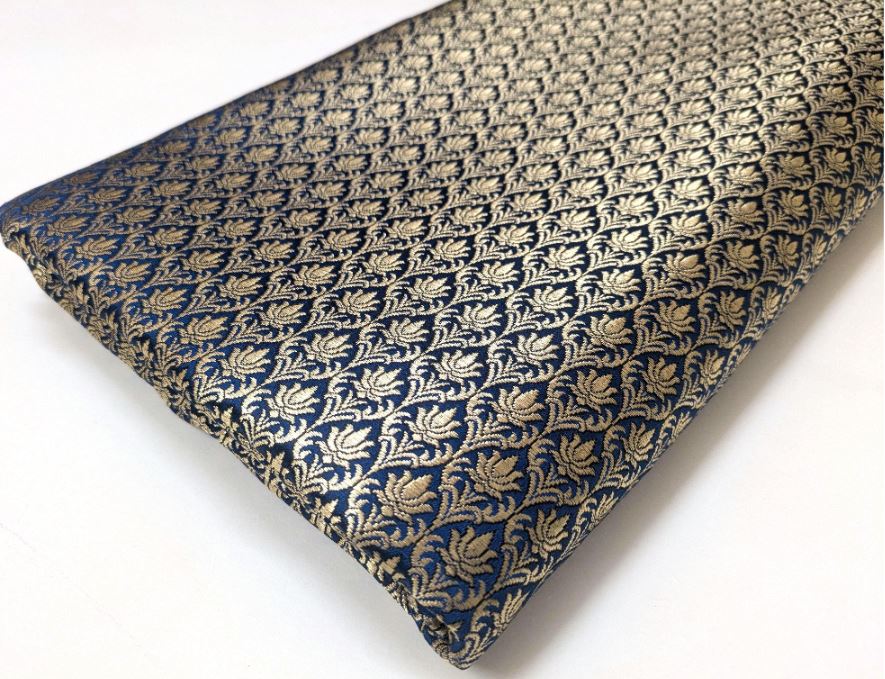 Brocade fabric Blue Gold Jacquard Damask Rayon Silk brocade Fabric Wedding Bridal High Grade Designer fabric by the yard Material NFAF69