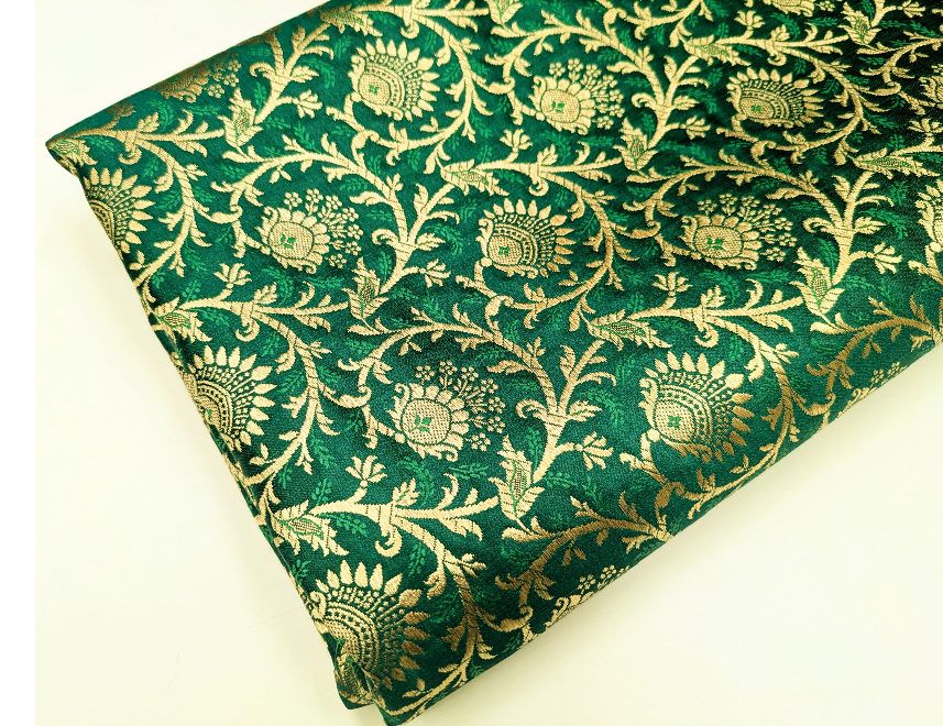 Brocade Fabric, Green Gold Damask Jacquard Brocade Fabric Upholstery Indian Dress Festival Wear Brocade Fabric by the yard/meter - NFAF997