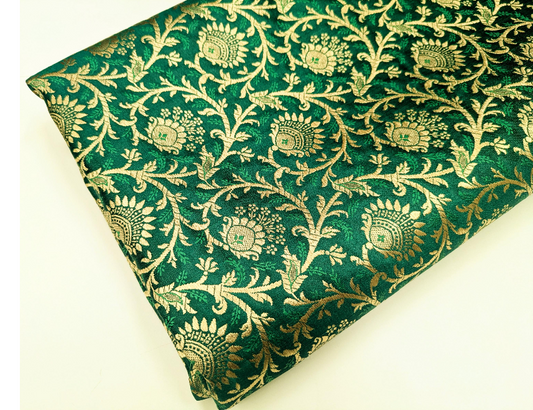 Brocade Fabric, Green Gold Damask Jacquard Brocade Fabric Upholstery Indian Dress Festival Wear Brocade Fabric by the yard/meter - NFAF997