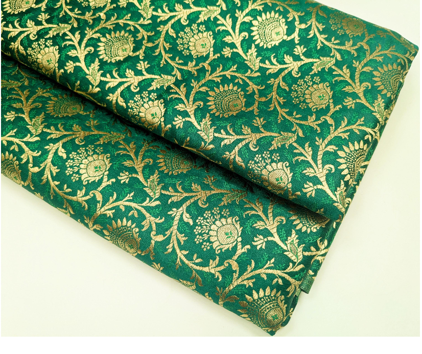 Brocade Fabric, Green Gold Damask Jacquard Brocade Fabric Upholstery Indian Dress Festival Wear Brocade Fabric by the yard/meter - NFAF997