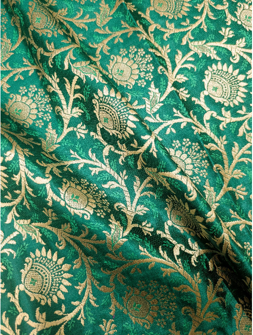 Brocade Fabric, Green Gold Damask Jacquard Brocade Fabric Upholstery Indian Dress Festival Wear Brocade Fabric by the yard/meter - NFAF997