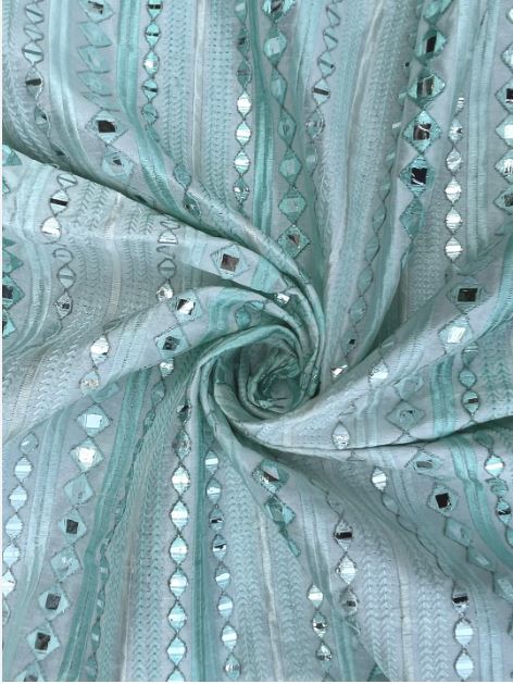 Indian Foil Mirror Embroidered Viscose Silk Fabric in Sea Green color, Multiple lengths will come in the continuous piece - NF662