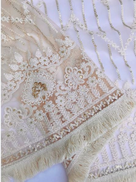 Peach Cream Net Dupatta With Thread and Sequins Embroidery, Indian Stole Tulle Fabric, Chikankari Bridal Veil, Wedding Fabric DP2003