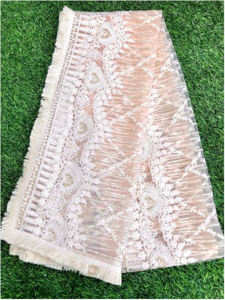 Peach Cream Net Dupatta With Thread and Sequins Embroidery, Indian Stole Tulle Fabric, Chikankari Bridal Veil, Wedding Fabric DP2003